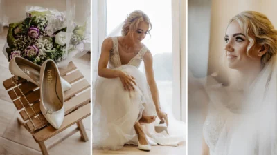 Fotograf ślubny Gliwice – panna młoda zakładająca buty przed ślubem