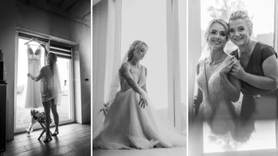 Fotograf ślubny Gliwice – Panna młoda sięgająca po suknie ślubną podczas przygotowań