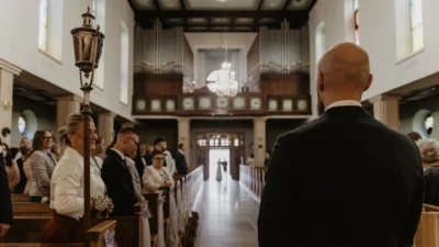 Fotografia ślubna – pan młody czeka przy ołtarzu na pannę młodą odprowadzaną przez ojca