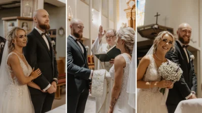 Fotografia ślubna – para młoda podczas ceremonii religijnej z księdzem i symbolem szalu na dłoniach